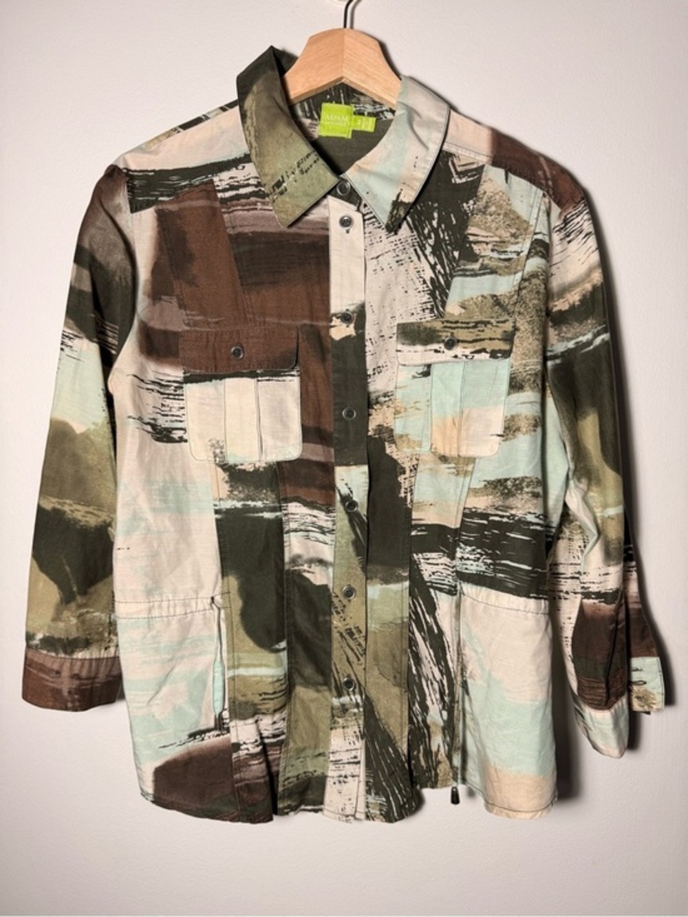 Adam Jacobs Cotton Silk Brushstroke Shirt Jacket - Olive, Brown & Cream size M